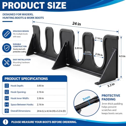 Zonon Wader Hanger Steel Boot Hanger Wall Mount - color: Black, size: 2 Pairs