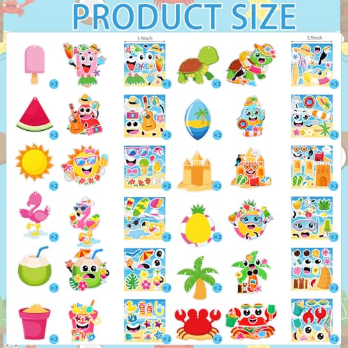 Frienda 48 Set Summer Craft Kit Hawaii Make a Face Paper Sticker Tropical Pool Beach Crafts Make Your Own Pineapple Flamingo Hawaii Sticker for Summer Party Favors Classroom Luau Game Rewards Gift - style: Summer