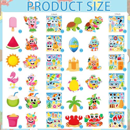 Frienda 48 Set Summer Craft Kit Hawaii Make a Face Paper Sticker Tropical Pool Beach Crafts Make Your Own Pineapple Flamingo Hawaii Sticker for Summer Party Favors Classroom Luau Game Rewards Gift - style: Summer