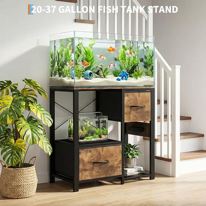 Garvee 20-29 Gallon Fish Tank Stand with Power Outlets, Heavy Duty Metal and Wood Aquarium Stand with 4-Tier Open Storage Shelves and Sturdy Legs - color: Brown, size: 31.5