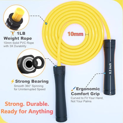 Weighted Jump Rope, 1LB Tangle-Free Ball Bearing Rapid Speed Skipping Rope for Men Women, Adjustable 9mm Cotton & PVC Rope with Alum Handle for Boxing MMA Weight-Loss Athletic Workout Fitness - color: Yellow