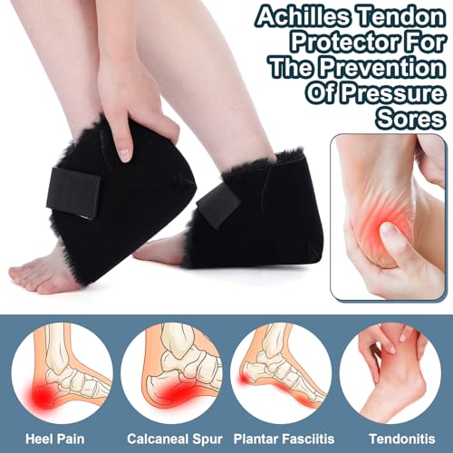 2 Pcs Sheepskin Heel Protectors for Pressure Sore Pad, Black - color: Black