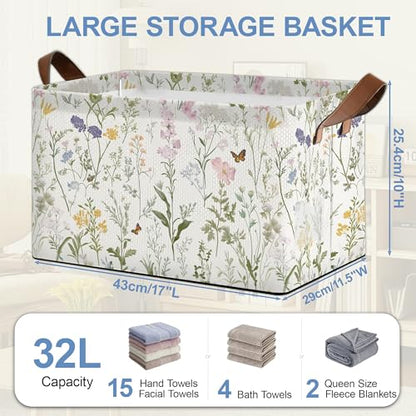 Wildflowers Butterfly Storage Baskets,Plants Botanical Foldable Large Capacity Organizer Bins with Waterproof Lining and Leather Handles for Closet,Shelf,Bedroom 17x11.5x10Inch - color: Wildflowers Butterfly Plants Botanical