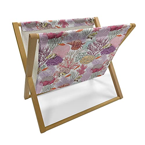 Lunarable Aquarium Magazine and Book Holder, Colorful Coral Reef Pattern with Exotic Fishes and Seashells Aquatic Ecosystem, Decorative Floor Rack Organizer for Living Room, 22"x19", Multicolor