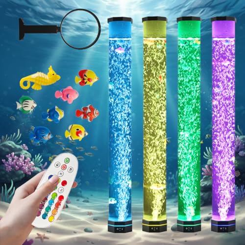 3.6FT Sensory Bubble Lamp, 9 Floating Fish, 16 Color LED | Remote control, 120mm extra-wide tube, 3-speed bubbles; for bedroom, living room, office and sensory room