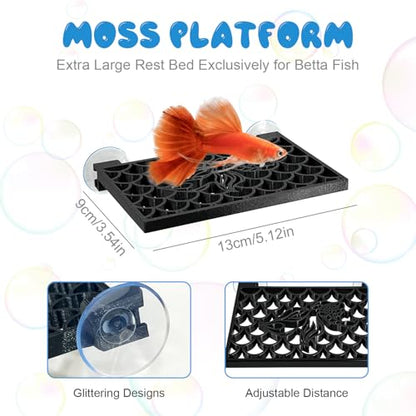 Betta Hammock & Fish Enclosure Accessories Set- Frond Hammock, Swim Tunnel, Feeding Station, Black Square Betta Platform - Breeding, Resting, and Play Area for Betta Fish