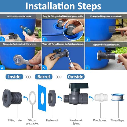 4 Pack Rain Barrel Spigot Kit with PVC Bulkhead Fitting Water Barrel Spigot Garden Hose Bulkhead Fitting with Hose Faucet Adapter and Thread Seal Tape for Garden,Aquariums,Water Tanks,Tubs,Pool