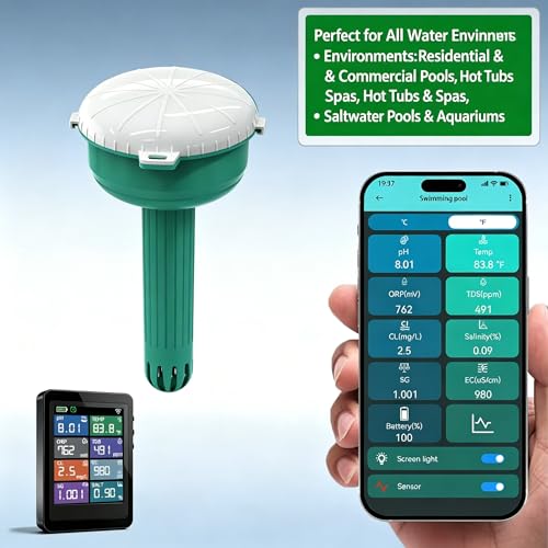 8-in-1 Smart Water Quality Monitor, 24/7 Auto Tester, Digital pH, Chlorine, ORP, Temp, TDS, Salinity, EC, SG Detector, App Control & Custom Alerts for Pool, Hot Tub, Spa, Aquarium, Pond