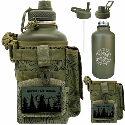 Iron Infidel Battle Bottle - Half Gallon Insulated Stainless Steel Water Jug with Handle - Gym Bottle for Men with Rugged Sleeve (Overland 2 Liter) - color: 64oz - Overland Green, size: 64 Ounces