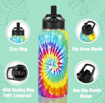 Tie-Dye Water Bottle with Straws Summer Insulated Bottles Travel Thermal Double Walled Vacuum Cup Leak Proof Stainless Steel Tumbler Tie-Dye Lovers Decor Gifts-32 oz - color: Cyan blue yellow