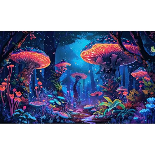 Mushrooms Aquarium Background Fantasy Bright Flowers Butterflies Fish Tank Backdrop Decoration Poster Trippy Wonderland Landscape with Giant Mystical Mushrooms Terrarium Background Decor 24x16in - color: Blue Red, size: 24(W)x16(H)in