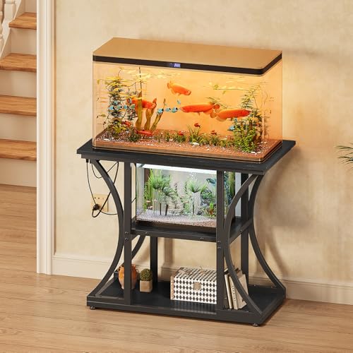 50 Gallon Aquarium Stand with Power Outlets Fish Tank Stand with 3-Tier Storage Shelves Display Stand for Turtle Tank Shelves Metal Frame Stand for Living Room Office Entryway(Black)