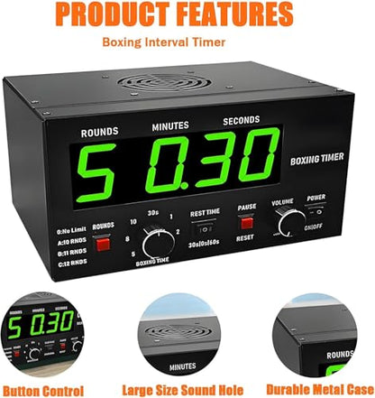 Professional Gym Timer Classic Boxing Interval Timer with Beep Portable Boxing Training Timer with LED Display 1-12 Challenge Rounds Gym Interval Timer Blue