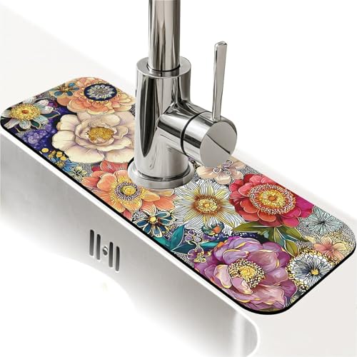 Kitchen Sink Splash Guard，Flowers in various colors-1 Faucet Mat Sink Gadgets-Super Absorbent Fast Drying Mat Drip Catcher for Kitchen, Bathroom,Sink Mat, Dish Drying Mat, Bathroom(15" X 5.5" ) - color: Flowers in various colors-1