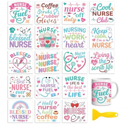 Peacoblue 18 Sheets Rub on Transfers for Crafts, Nurses' Day Text 3.6"x3.9" UV DTF Cup Wraps Waterproof Cold Transfers Stickers for Wood Glass Metal Cup Tumblers Mirrors Mugs Home Decor - style: Nurses' Day Text