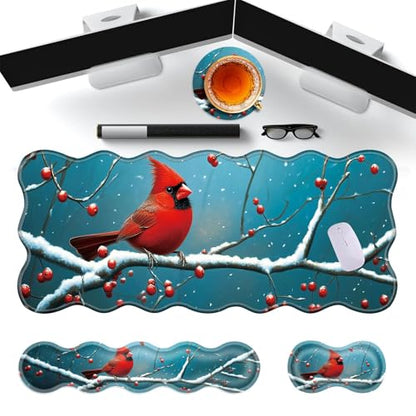 Large Gaming Mouse Pad, Keyboard Wrist Rest Pad & Wrist Support Mousepad Set, Stitched Edge, Extended, Non-Slip Base, Memory Foam Desk Mat for Office, Home,Cute Cardinal Bird - color: Cute Cardinal Bird