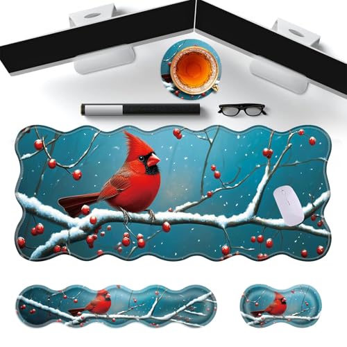 Large Gaming Mouse Pad, Keyboard Wrist Rest Pad & Wrist Support Mousepad Set, Stitched Edge, Extended, Non-Slip Base, Memory Foam Desk Mat for Office, Home,Cute Cardinal Bird - color: Cute Cardinal Bird