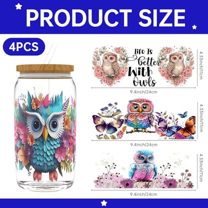 UV DTF Cup Wrap Transfer Stickers, 4 Sheets Owl Rub On Transfers for Tumblers Water Bottles Glass Cups Mugs Ceramics - style: Owl