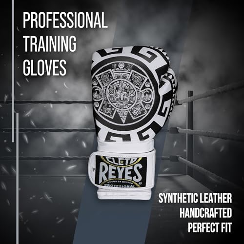 CLETO REYES Training Boxing Gloves for Men and Women with Hook and Loop Closure, Premium Synthetic Leather, MMA, Kickboxing, Muay Thai - color: Aztec Calendar White, size: 12oz.