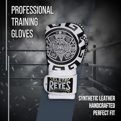 CLETO REYES Training Boxing Gloves for Men and Women with Hook and Loop Closure, Premium Synthetic Leather, MMA, Kickboxing, Muay Thai - color: Aztec Calendar White, size: 16oz.