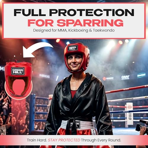 Green Hill Five Star Leather Boxing Headgear for Men & Women | AIBA-approved leather head guard for boxing, MMA and Muay Thai with secure fit and impact protection during sparring. - color: Red