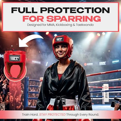 Green Hill Five Star Leather Boxing Headgear for Men & Women | AIBA-approved leather head guard for boxing, MMA and Muay Thai with secure fit and impact protection during sparring. - color: Red