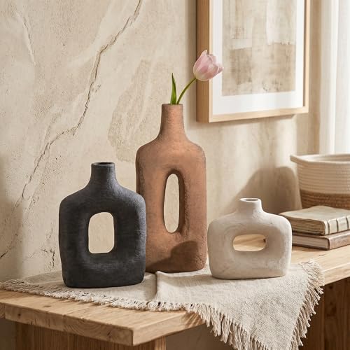 DREAMLOOM Ceramic Vase Set of 3, Modern Rustic Flower Vases for Pampas Grass, Dried & Fresh Flowers, Farmhouse Decorative Vase for Living Room Bedroom Kitchen Shelf Centerpiece, Rust