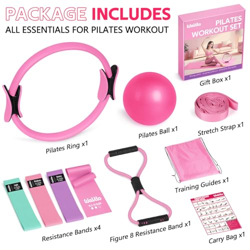 WALITO Home Pilates Kit for Women,Pilates Ring Set with Magic Circle,Resistance Bands,Figure 8 Workout Bands,Mini Ball, Compact Toning Fitness Essentials Starter Set Accessories Gift - color: PINK SET