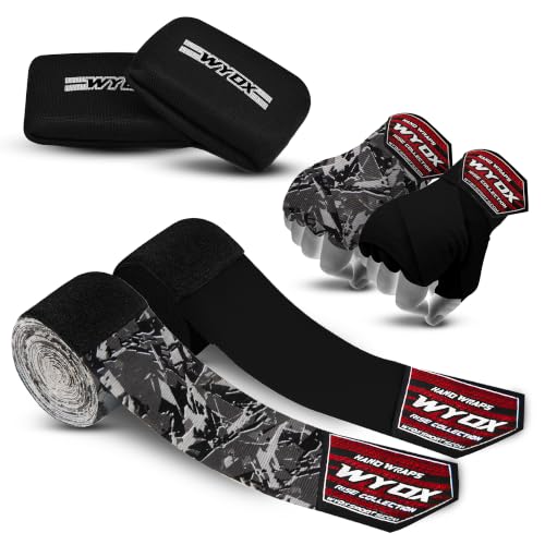 WYOX Boxing Hand Wraps & Gel Knuckle Guards Set for MMA, Muay Thai & Kickboxing - 2 Pair Hand Wraps + 1 Pair Knuckle Guards - Hand Wrist Protection for Men & Women Training - color: Grey/Black