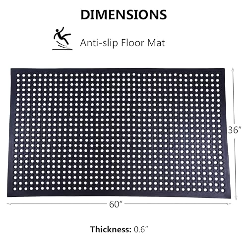2 Pack Rubber Floor Mat, 36"x60" Anti-Fatigue Door Mat w/Holes for Restaurant, Kitchen, Bar, Indoor/Outdoor, Black