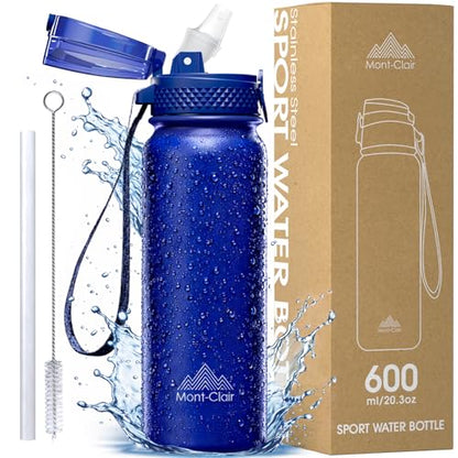 Stainless Steel Water Bottle 20oz with Straw, Insulated, Leakproof Lid - color: Dark Blue