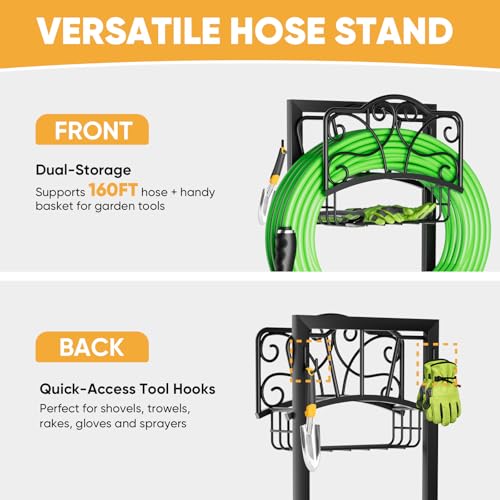 Heavy-Duty Garden Hose Holder with Storage Basket and Tool Hooks, Stable Hose Hanger Metal Garden Hose Storage Holds 160Ft, Rustproof Freestanding Water Hose Holder for Outside,Yard,Lawn,Farm - size: Holder+Basket 42.1in