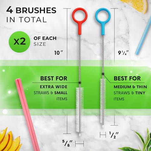 Heavy Duty Cleaning Brushes Set of 4 - Extra Long Straw Cleaners for Metal and Plastic Reusable Drinking Straws, to Clean Small Spaces, Sippy Cups, Water Bottles - Sturdy Hard Brush Bristles