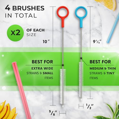 Heavy Duty Cleaning Brushes Set of 4 - Extra Long Straw Cleaners for Metal and Plastic Reusable Drinking Straws, to Clean Small Spaces, Sippy Cups, Water Bottles - Sturdy Hard Brush Bristles