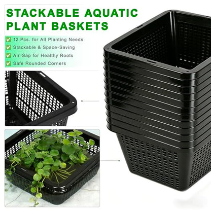 12 Pcs 7 Inch Aquatic Plant Baskets for Hydroponics Water Garden Plant Pots Black Plastic Mesh Basket Square Plastic Mesh Pond Containers for Live Aquarium Plants
