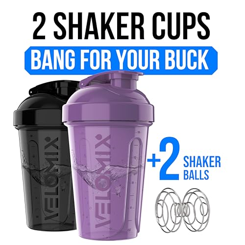 VELOMIX 2 Pack 20oz Protein Shaker Bottle for Protein Mixes, Purple/Black - color: A9) Purple / Black