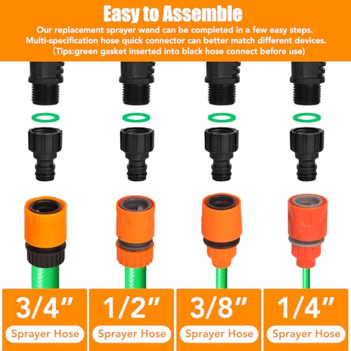 28'' Stainless Steel Replacement Sprayer Wand Set, Adjustable Metal Sprayer Wand with 2 Extension Wand & 1 Hose & 4 Gaskets & 2 Hose Connect and 4 Quick Connect, Leak-Proof & Ideal for Yard