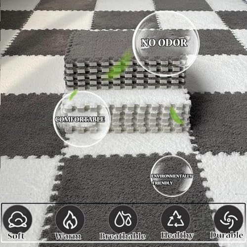 FYYSJW 10 Piece Plush Patchwork Foam Floor Mat, Soft Interlocking Floor Carpet Squares, Fluffy Puzzle Area Rug, 12 X 12 Inch,Blue+White+Gray - color: Blue+white+gray