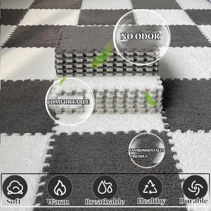 FYYSJW 10 Piece Plush Patchwork Foam Floor Mat, Soft Interlocking Floor Carpet Squares, Fluffy Puzzle Area Rug, 12 X 12 Inch,Blue+White+Gray - color: Blue+white+gray