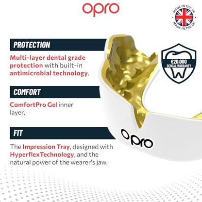 OPRO Instant Custom-Fit Mouthguard – Dentist Level Gum Shield Adult and Kids – OPRO Mouth Guard Boxing and MMA, Self-Fit Gum Shield Rugby – Maximum Protection with Dental Warranty (White/Gold) - color: White/Gold, size: Adult (10+)