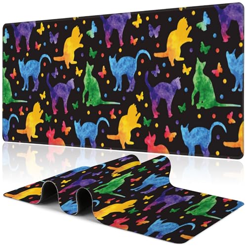 Colorful Cats and Butterflies Desk Mat,Large Watercolor Kittens Butterfly Gaming Keyboard Mouse Pad,Non-Slip Rubber Base Desk Pad Thick Stitched Edges Waterproof Mousepad Mouse Mat 31.5"x11.8" - color: Colorful Cats and Butterflies