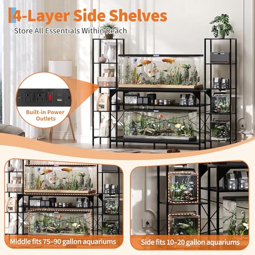 Heavy-Duty Aquarium Stand for 20-90 Gallon Tanks - 4-Tier Cabinet with 12-Leg Support, Built-In Power Outlet, Adjustable Storage - Living Room Reptile Terrarium Furniture - Supports 860lbs