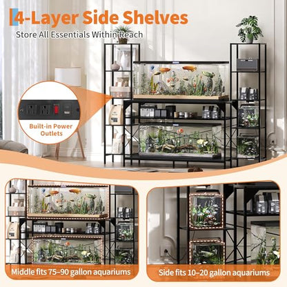 Heavy-Duty Aquarium Stand for 20-90 Gallon Tanks - 4-Tier Cabinet with 12-Leg Support, Built-In Power Outlet, Adjustable Storage - Living Room Reptile Terrarium Furniture - Supports 860lbs