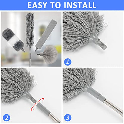 Microfiber Duster Kit 23pcs with 30 to 100 Inches Extension Pole and Extendable Window Squeegee, Washable and Bendable Feather Duster for Cleaning Ceiling Fans, High Ceilings, Cobwebs, Blinds