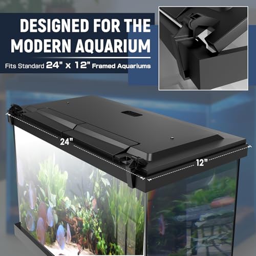 LED Aquarium Hood, Fish Tank Cover with Adjustable Brightness White Tube Light, Replaceable Full-Length Bulb, Fits 24-Inch Framed Aquariums, Black