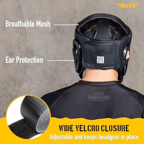 Elite Sports Boxing Headgear Men, Boxing Head Guard Sparring Gear, MMA Headgear Kickboxing Muay Thai Training Helmet, Protective Fighting Gear, Adjustable Face Protection - color: Black
