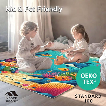 9'x12' Washable Kawaii Fish Oversized Rug, Teal Non-Shedding Pet Friendly Carpet Foldable Easy Care Mat for Master Suite, California King, Under Bed | Ref:1893719
