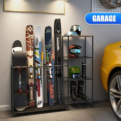 Freestanding Ski Rack, Ski Storage Rack w/Width-Adjustable Bars | Ski & Snowboard Rack Organizer for Garage, Home