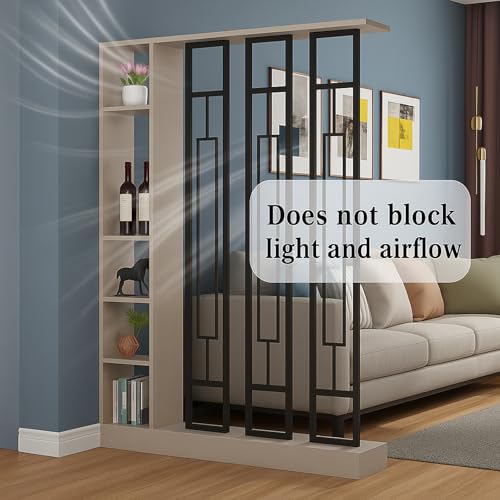 Wall Room Divider, Modern Freestanding Wood Room Divider Screen with Shelf & Cabinet Storage for Living Room,Office, Bedroom (Khaki+Black, 47" L x 9.5" W x 79.5" H)