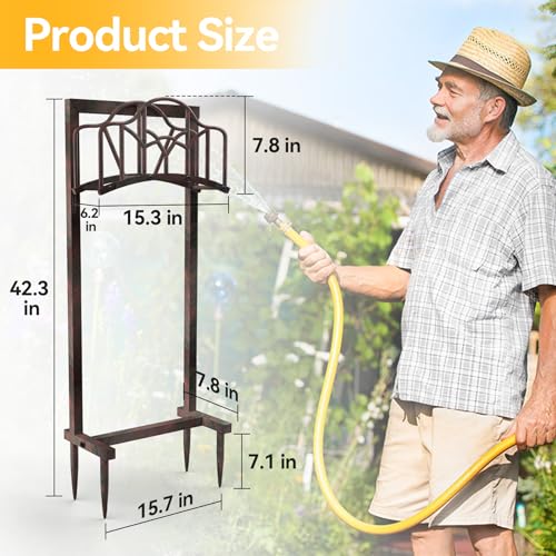 Garden Hose Holder Hanger Freestanding, Upgraded 4-Spike Heavy Duty Storage Reel Stand, Holds 150ft Hose for Outside Yard Lawn (Rustic Line, Metal)